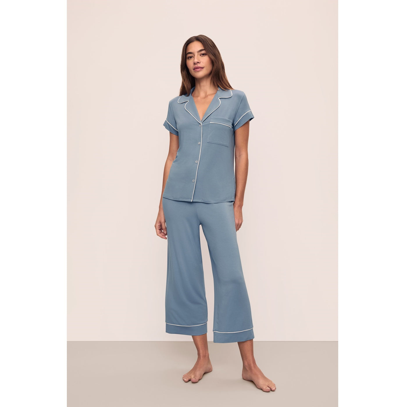 Eberjey Gisele TENCEL Modal S/S Cropped PJ Set - Denim Blue/Ivory