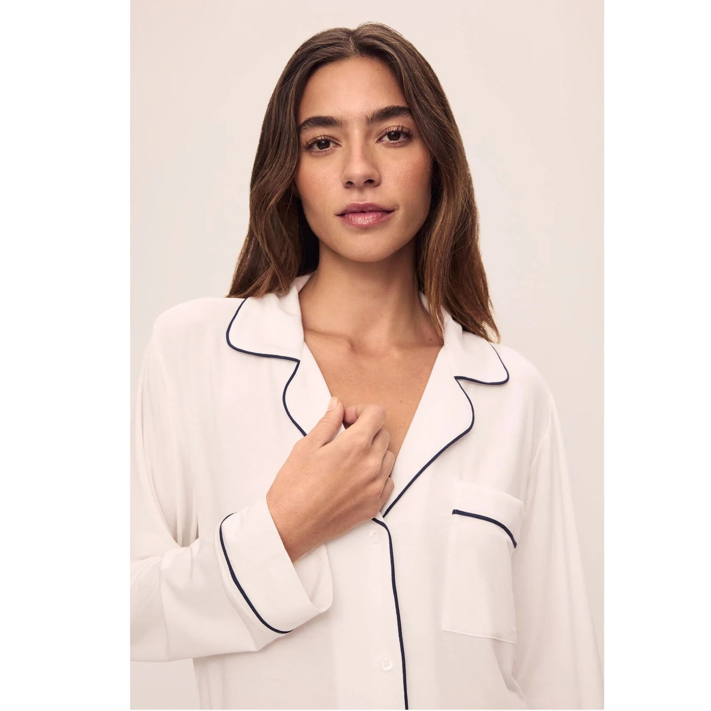 Eberjey Gisele TENCEL Modal Long Sleeve Short PJ Set - Ivory/Navy