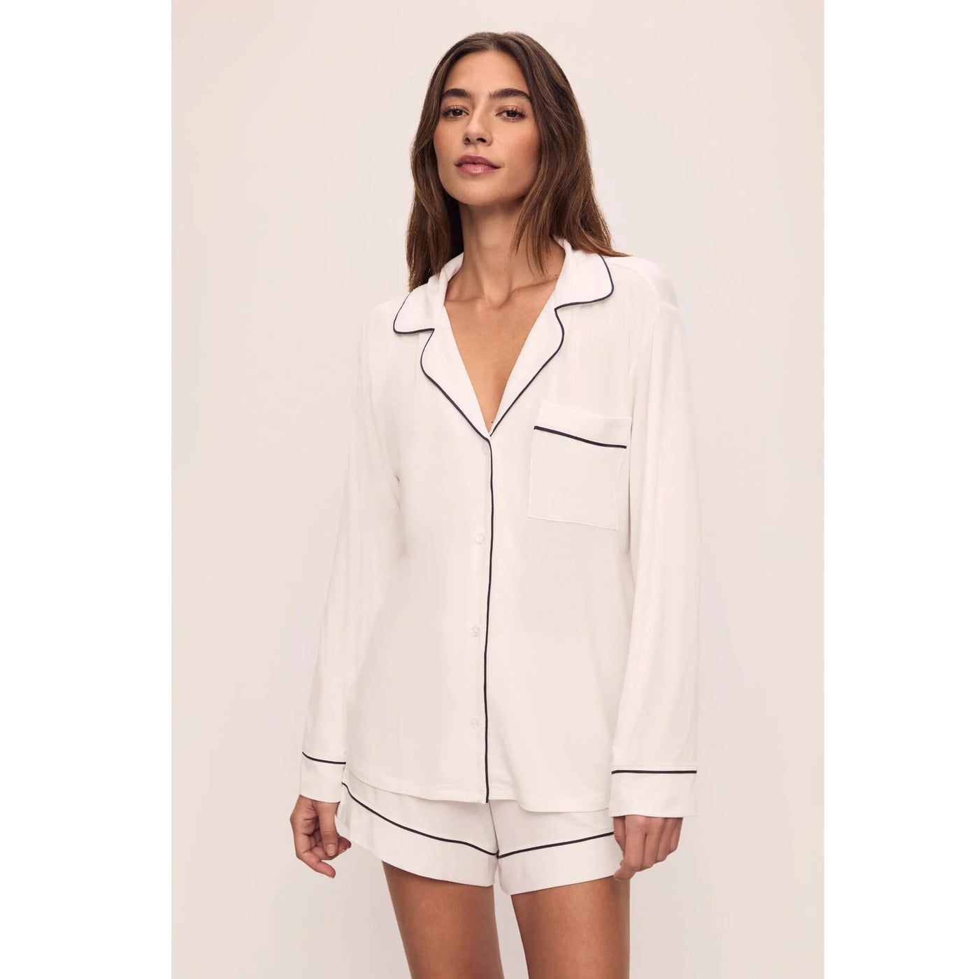 Eberjey Gisele TENCEL Modal Long Sleeve Short PJ Set - Ivory/Navy